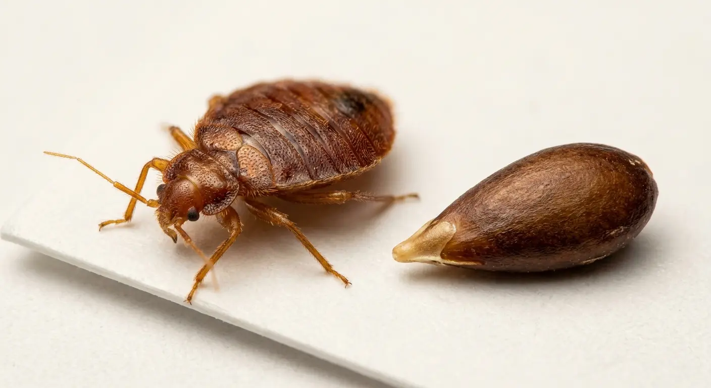 Adult bed bug next to an apple seed showing size comparison, visible to the naked eye