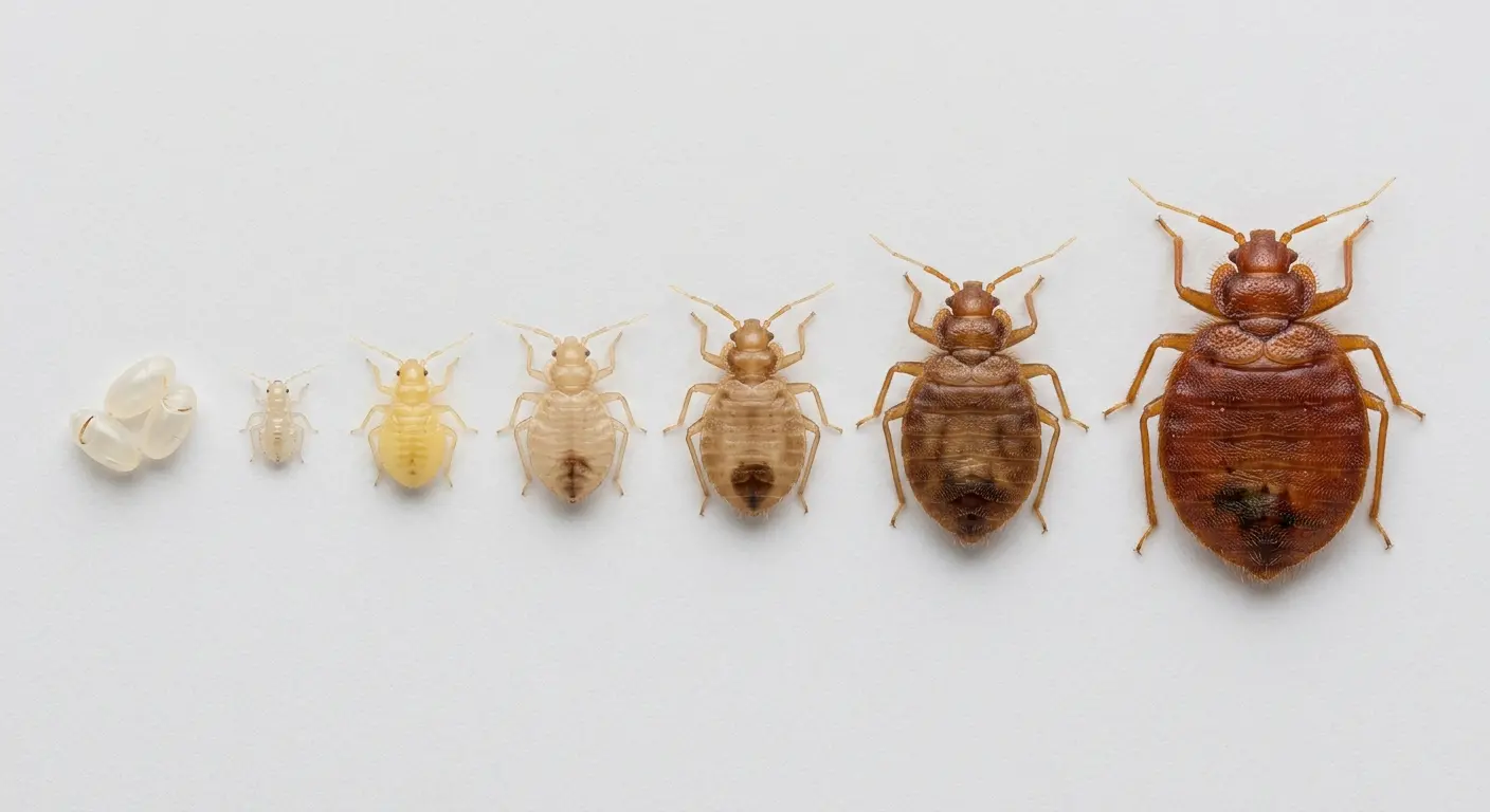 Bed bug life stages from eggs to nymphs to adult, showing size and color differences