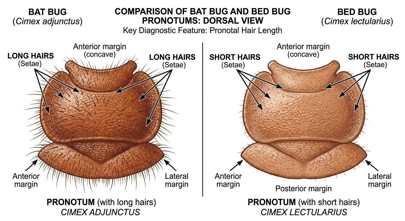 Diagram showing the hair length difference on the pronotum of bat bugs versus bed bugs
