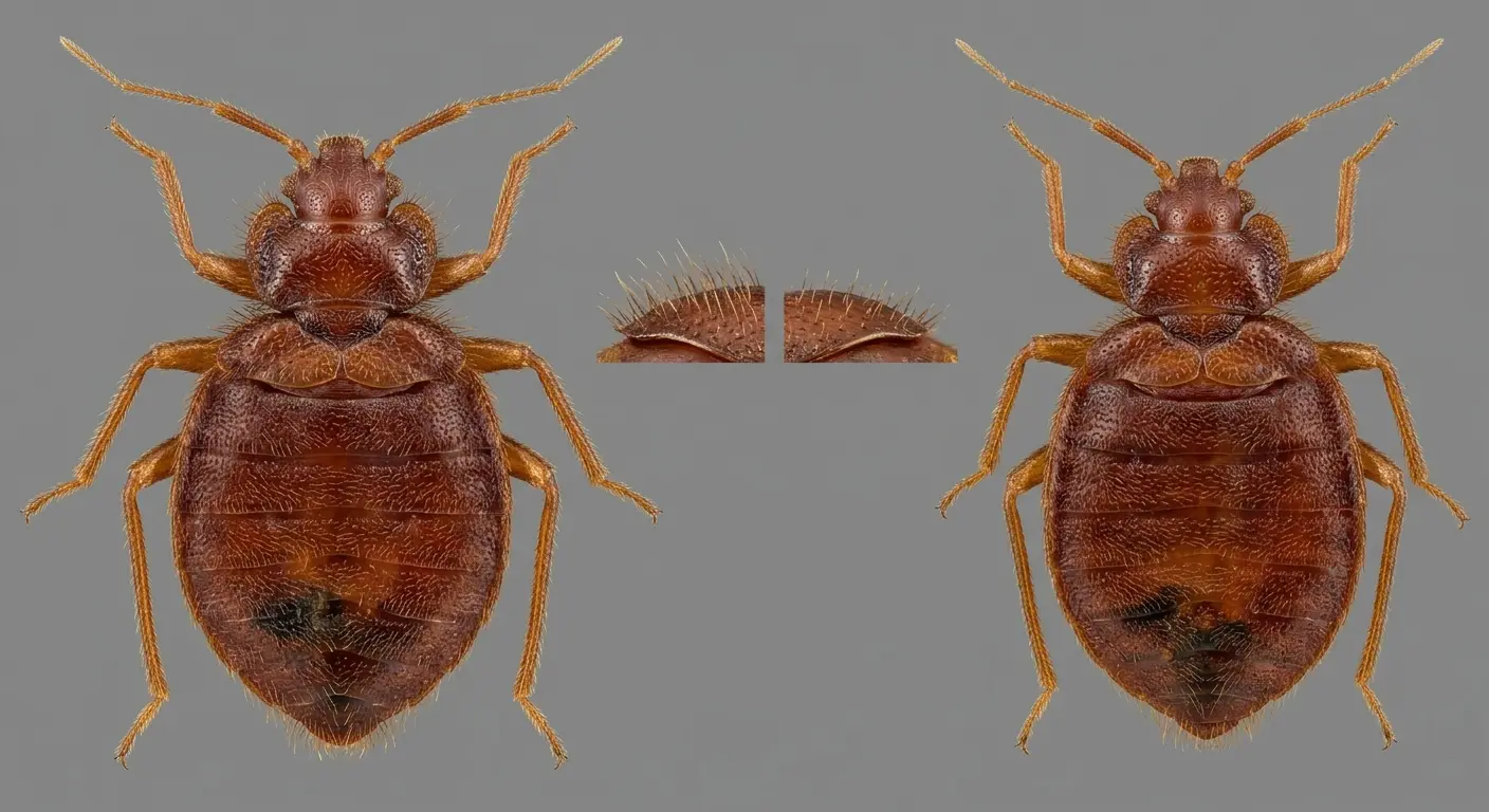 Side-by-side comparison of a bat bug and bed bug showing the hair length difference on the pronotum