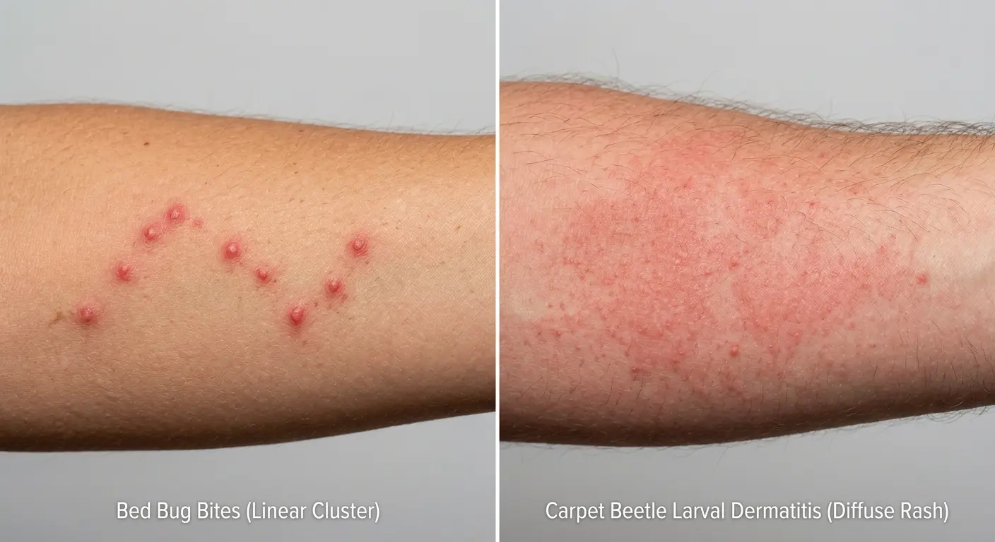 Comparison of clustered bed bug bite lines versus patchy carpet beetle rash on skin