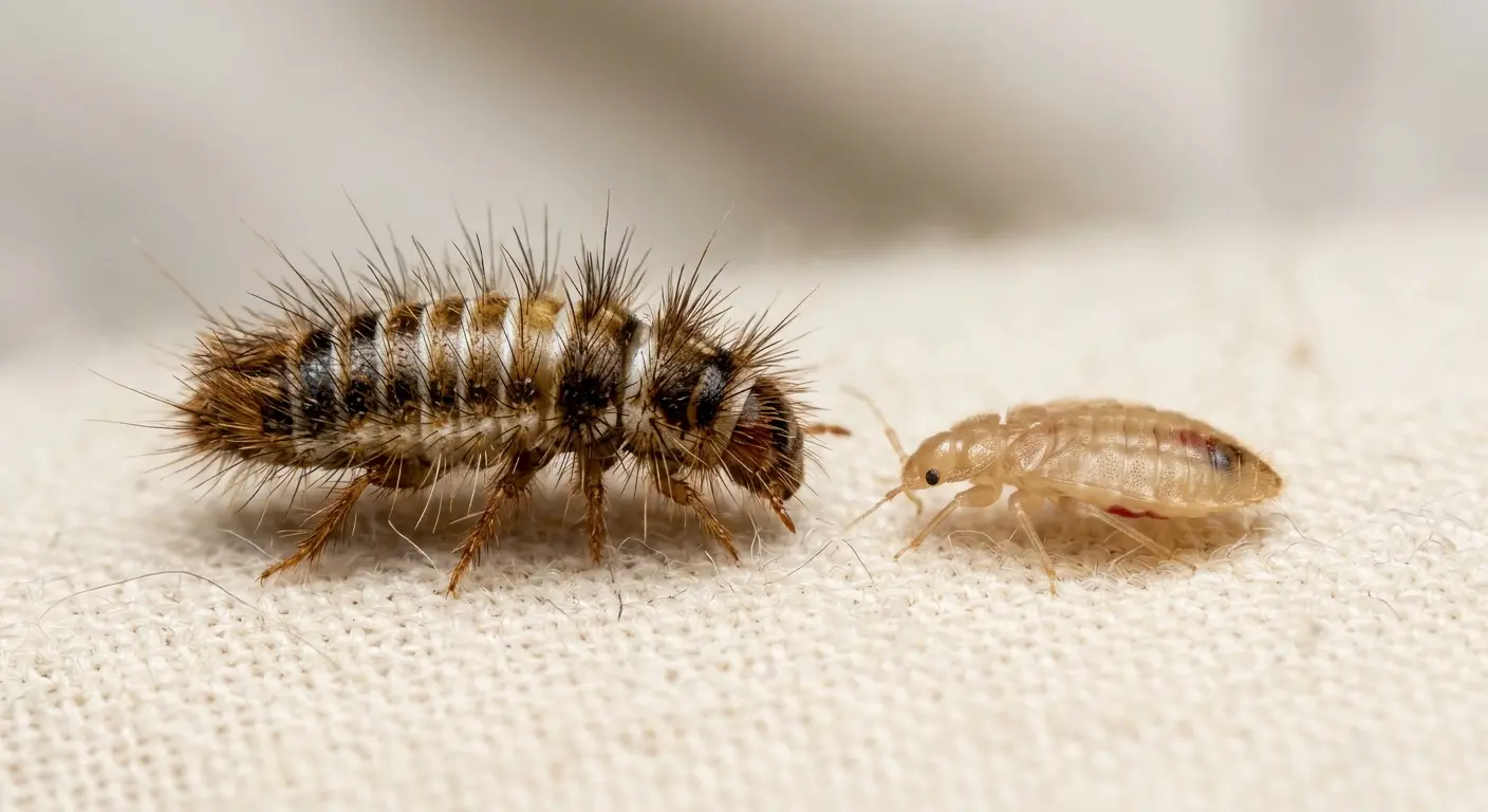 Macro photo of fuzzy carpet beetle larvae next to smooth bed bug nymph showing larval differences