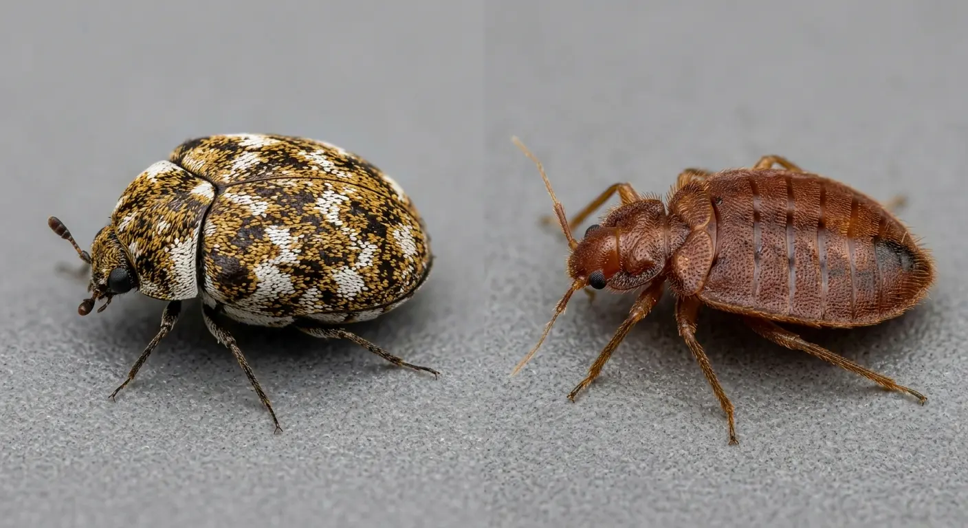 Side-by-side comparison of a speckled carpet beetle and a flat reddish-brown bed bug showing size and shape differences