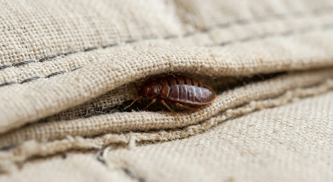 Close-up of bed bug in mattress seam showing flat oval body and short antennae