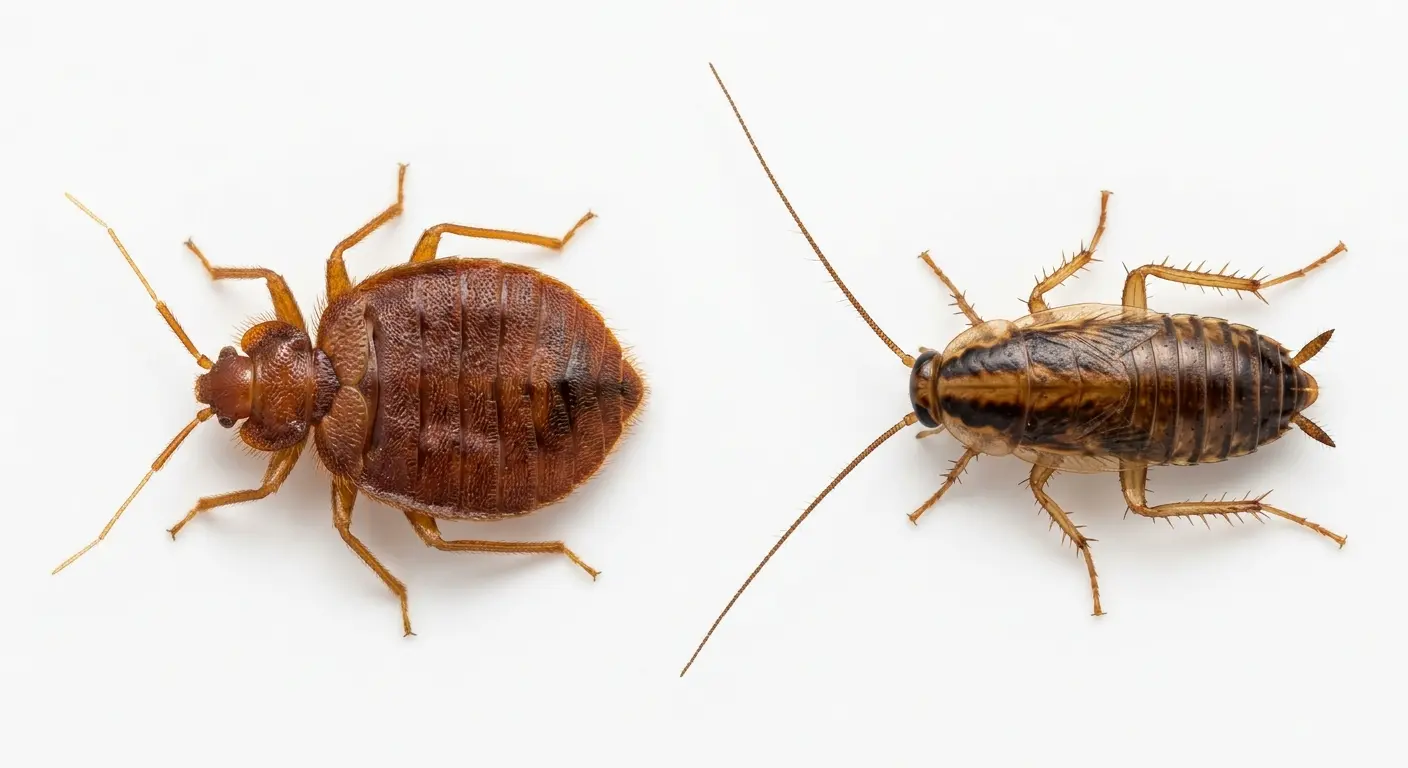 Side-by-side comparison of bed bug vs cockroach nymph showing antennae and body shape differences