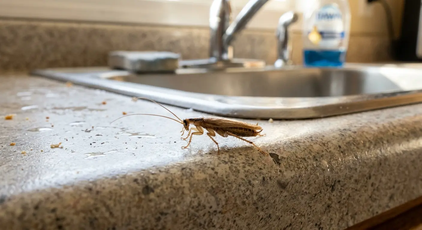 German cockroach nymph on kitchen counter with long antennae and cylindrical body