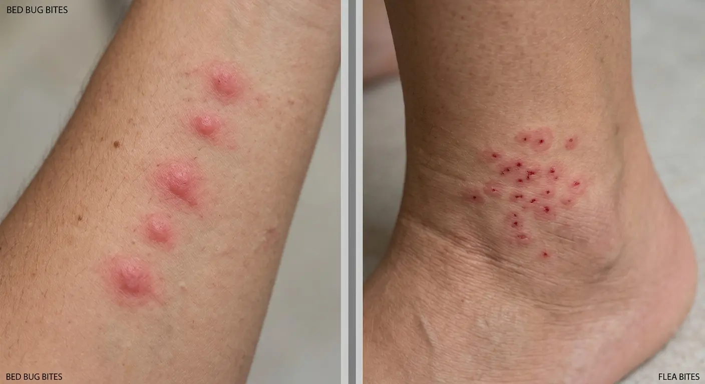 Photo comparing bed bug bite pattern in a line on arm vs flea bites clustered on ankles