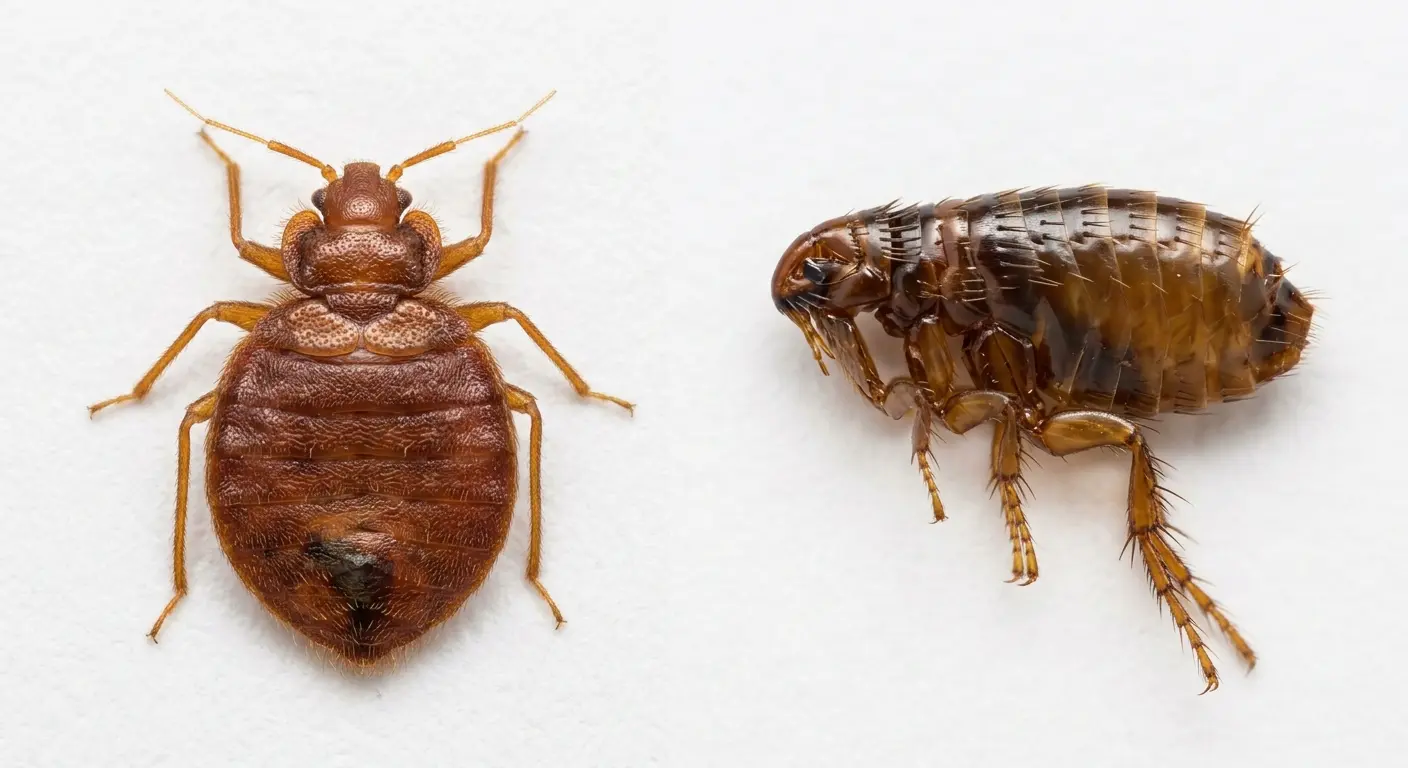 Side-by-side comparison photo of bed bug vs flea showing size and shape differences