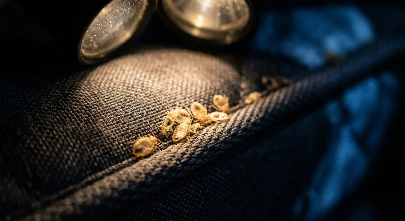 Side-by-side comparison of a bed bug and a head louse showing size and physical differences for identification