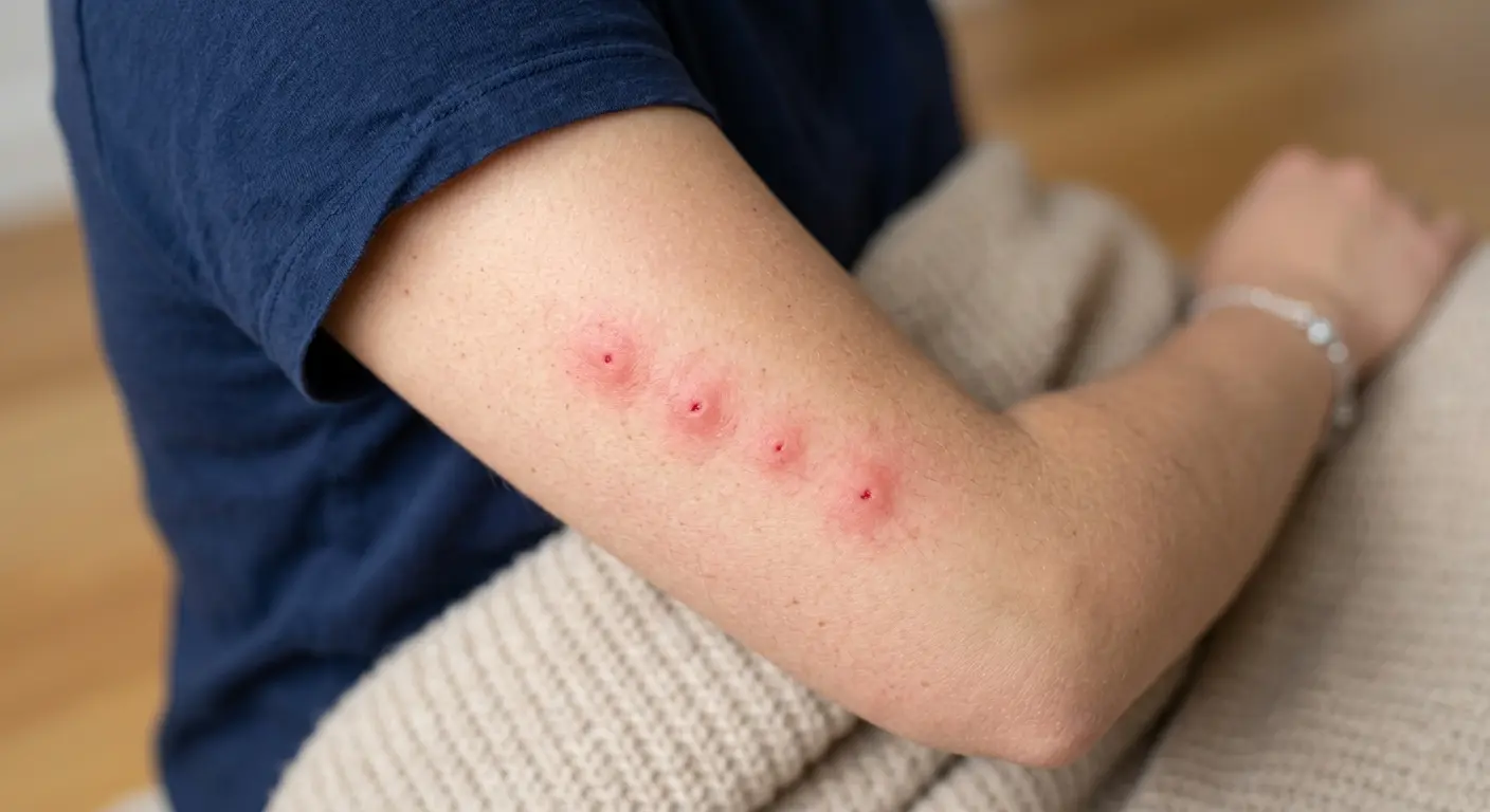 Close-up of bed bug bites in a linear cluster pattern on a person's arm, showing the characteristic zigzag arrangement.