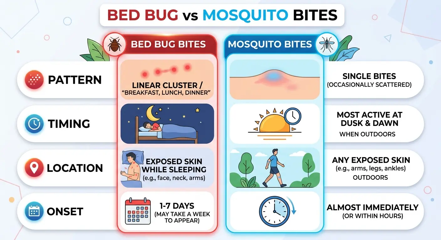 Infographic comparison chart of bed bug vs mosquito bites showing differences in pattern, timing, location, and onset of symptoms.