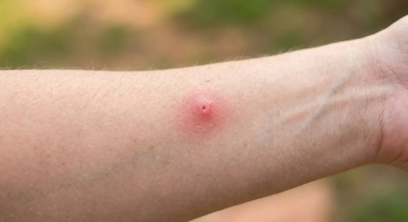 Close-up of a single isolated mosquito bite welt on a forearm, showing the irregular and solitary pattern compared to bed bug bites.