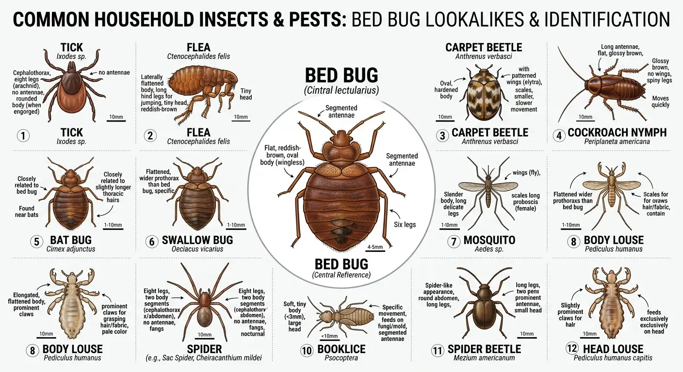 Infographic guide to 12 insects that look like bed bugs with labeled distinguishing features