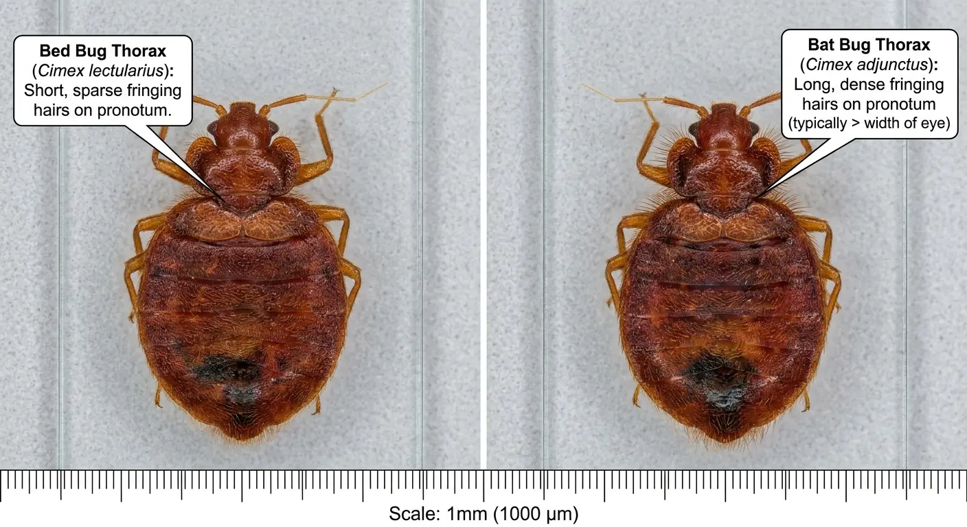 Magnified side-by-side view of bed bug and bat bug thorax showing bat bug&rsquo;s longer, more prominent hairs