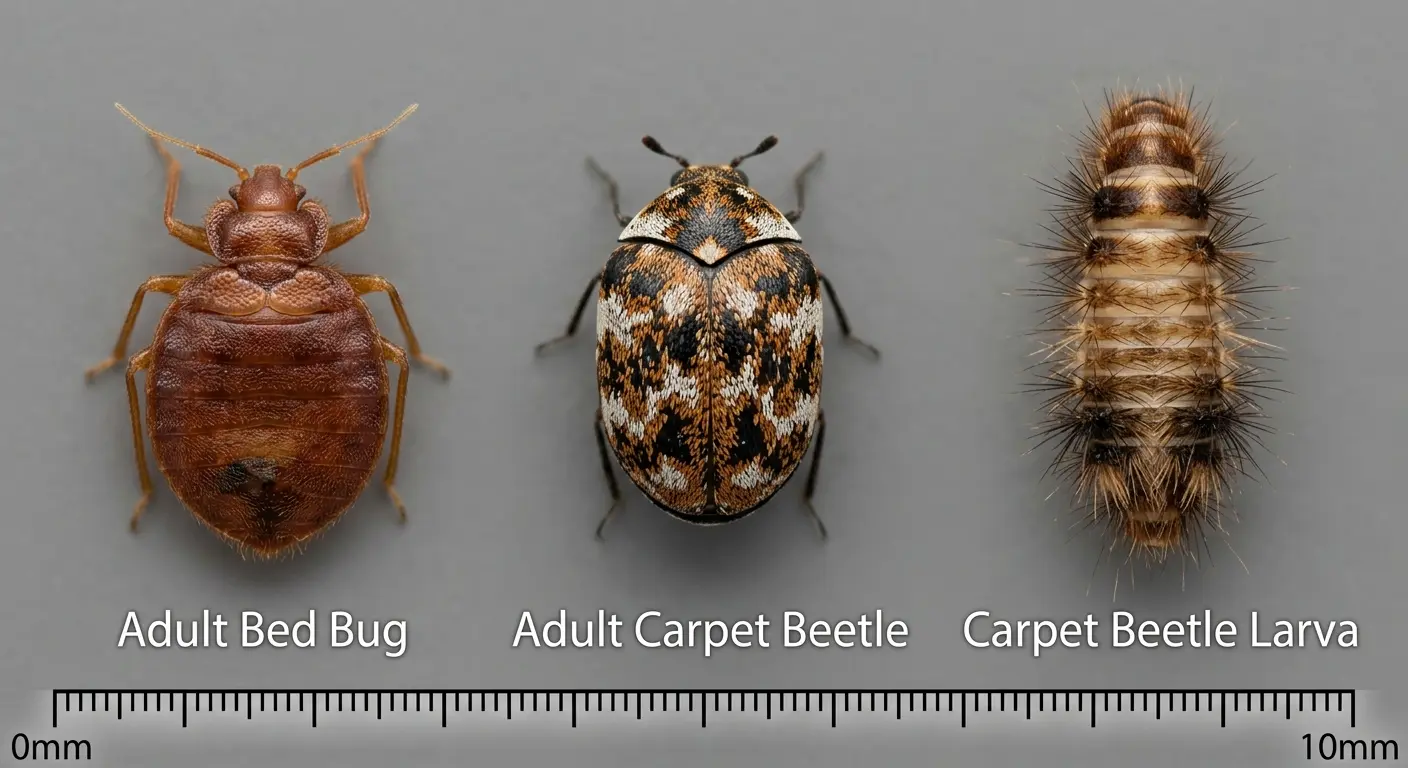 Macro comparison of a bed bug, adult carpet beetle with patterned shell, and bristly carpet beetle larva showing hairs and shell patterns