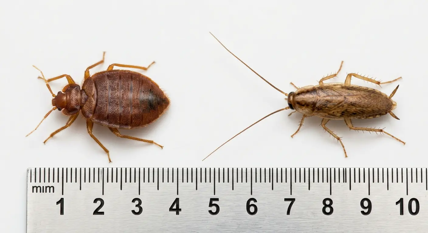 Side-by-side comparison of a bed bug with short antennae and a cockroach nymph with long antennae, showing size and body shape differences