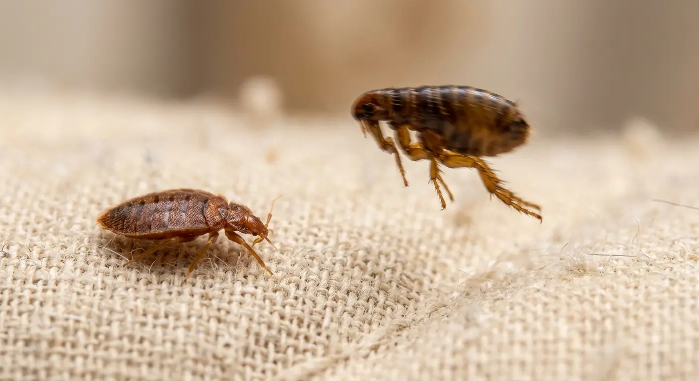 Photo showing flea jumping while bed bug stays still, illustrating the key behavioral difference
