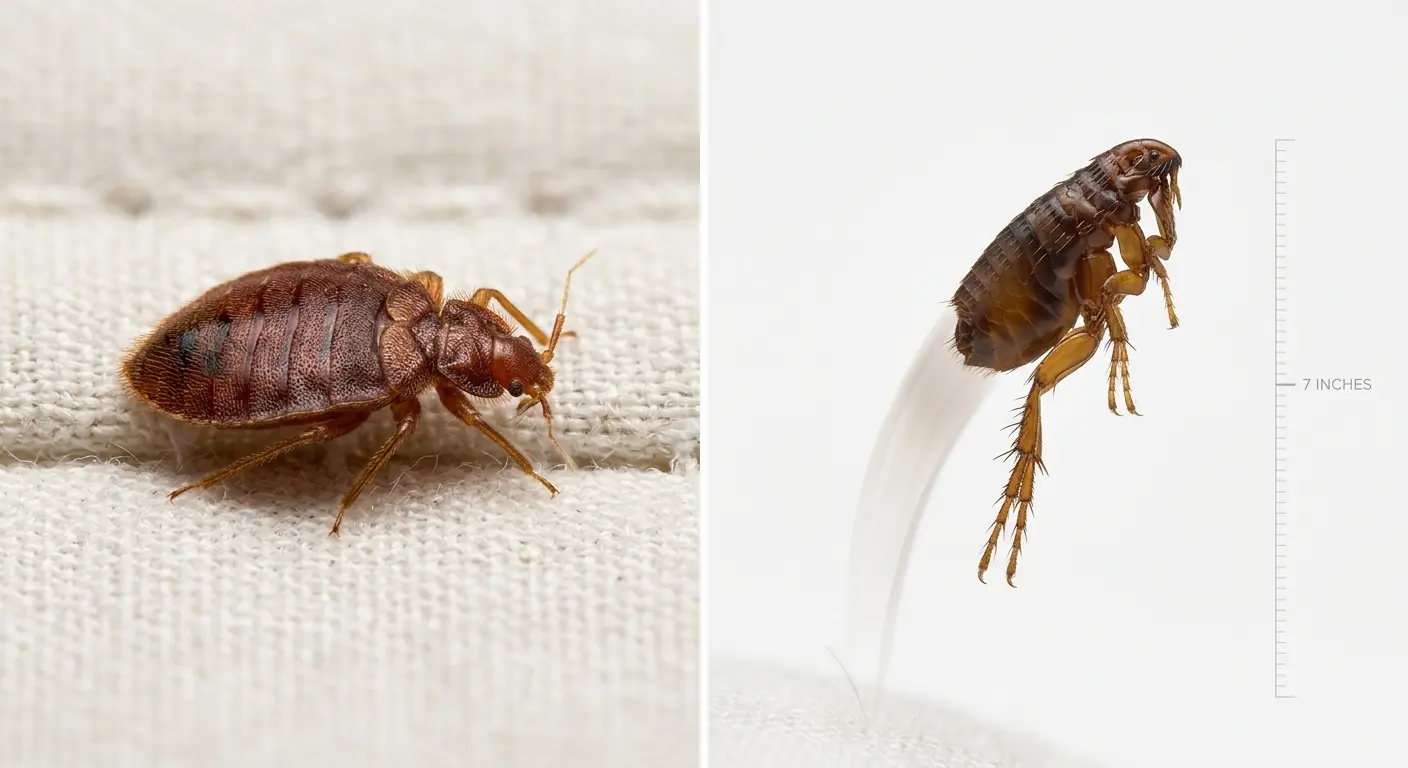 Side-by-side comparison of a bed bug resting still and a flea jumping, showing the key behavioral difference between bed bugs and fleas