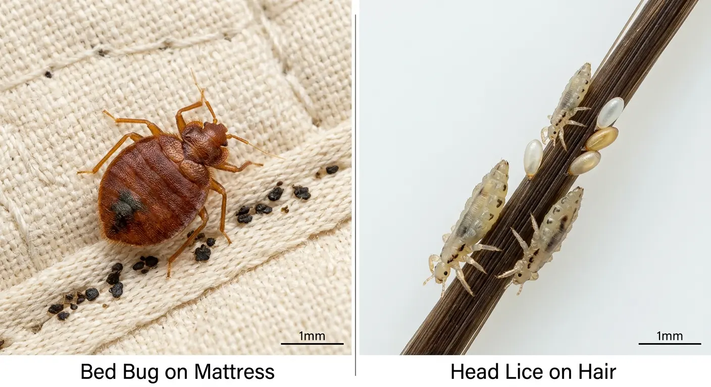 Split comparison of a bed bug hiding in a mattress seam and head lice with nits attached to a hair shaft, showing size and location differences