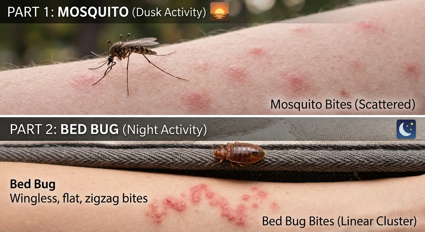 Comparison of a winged mosquito with scattered bites versus a wingless bed bug with linear clustered bites, showing bite pattern and timing differences