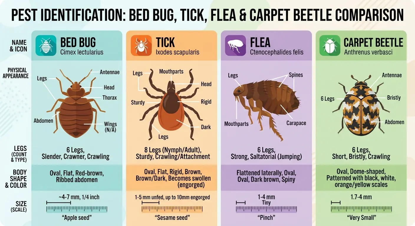 Comparison chart of bed bug vs tick vs flea vs carpet beetle showing key differences in legs, wings, jumping, and size