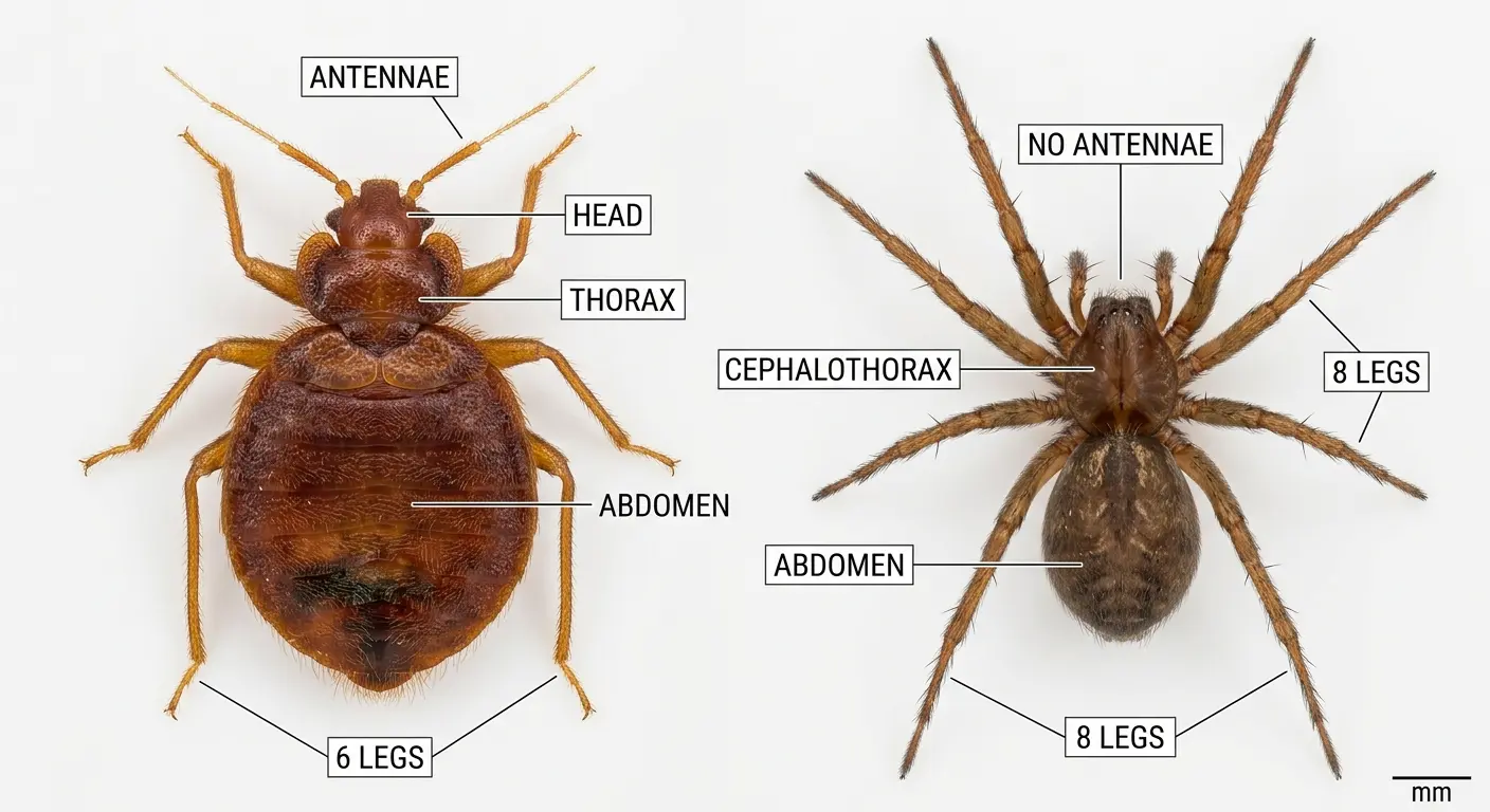 Labeled comparison of a six-legged bed bug and an eight-legged spider showing leg count and body segment differences
