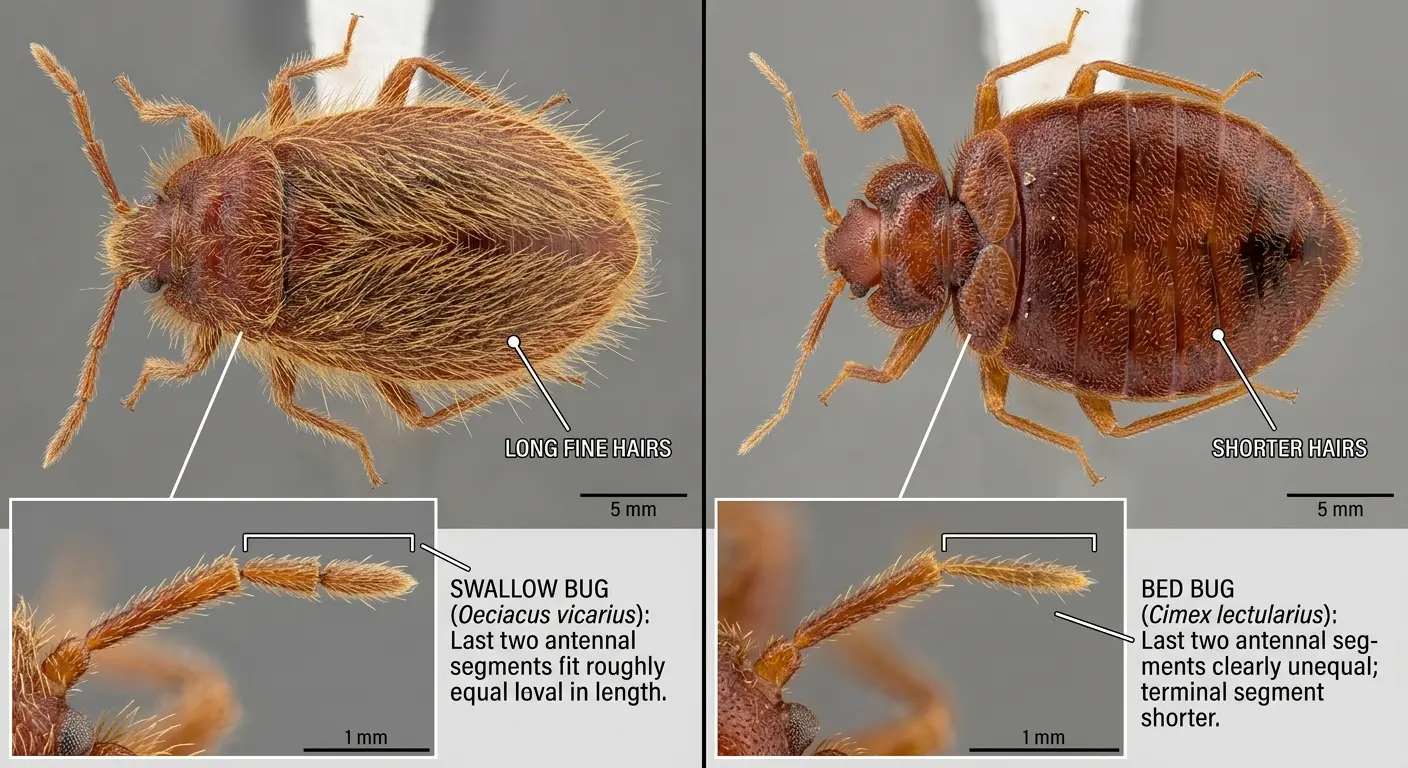 Magnified comparison of a hairy swallow bug and a bed bug with inset antenna close-ups showing segment length differences