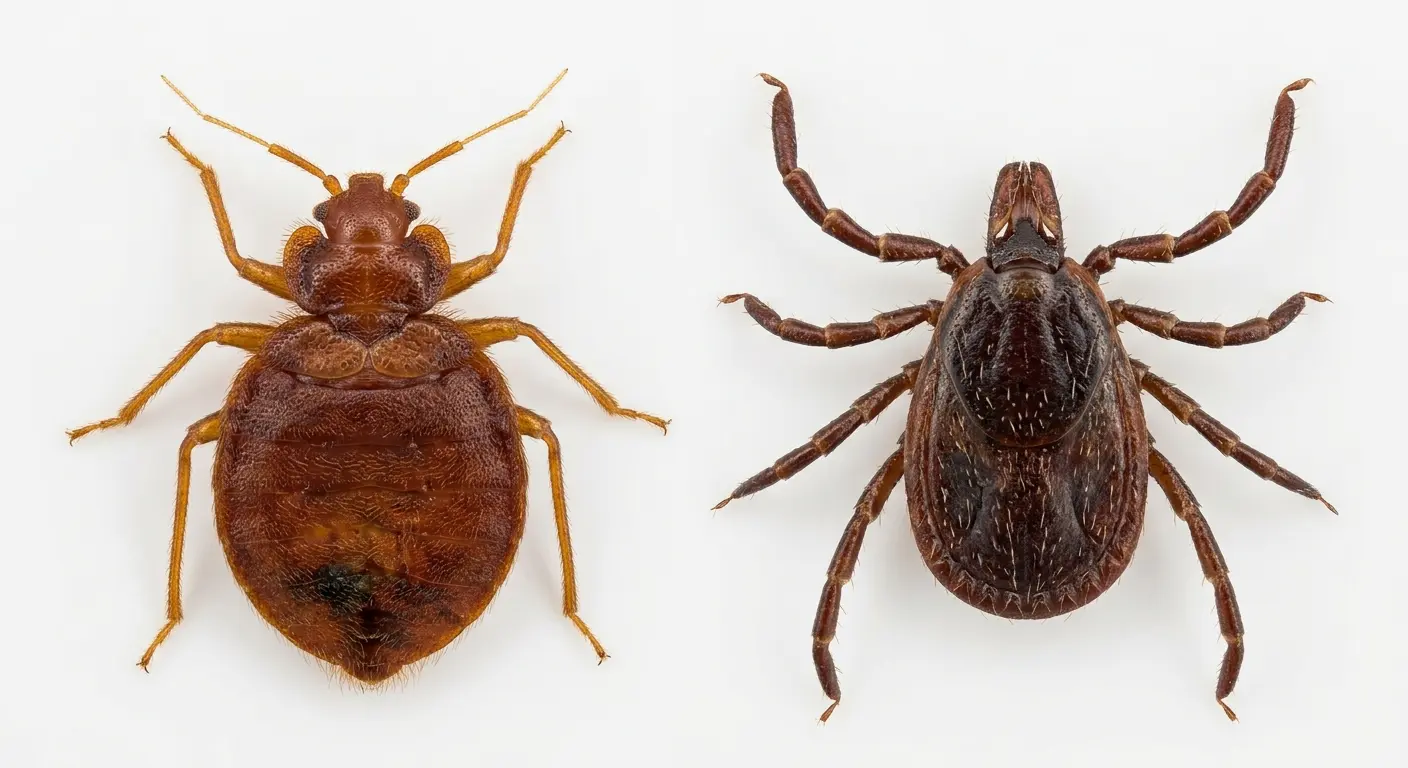 Side-by-side photo of bed bug with six legs and tick with eight legs showing key identification difference