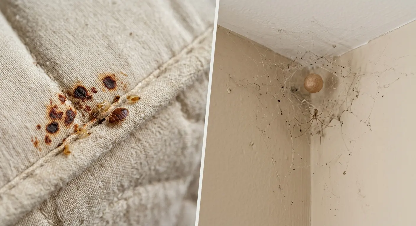 Signs of bed bug infestation in mattress vs spider webs and egg sacs in room corner