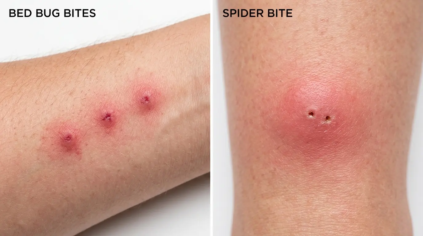 Comparison of bed bug bites in a line vs a single spider bite with puncture marks on skin