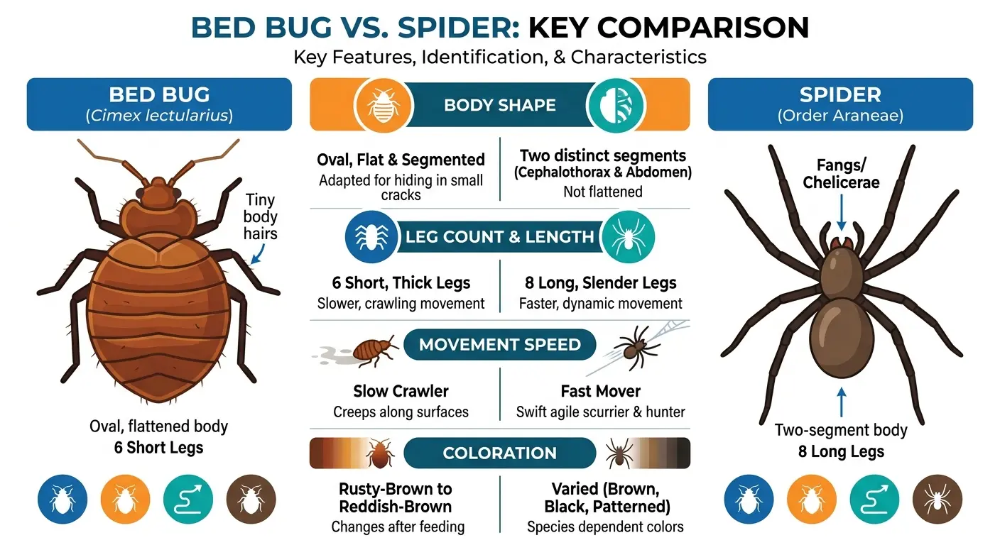 Infographic comparing bed bug and spider physical features including body shape, legs, and color