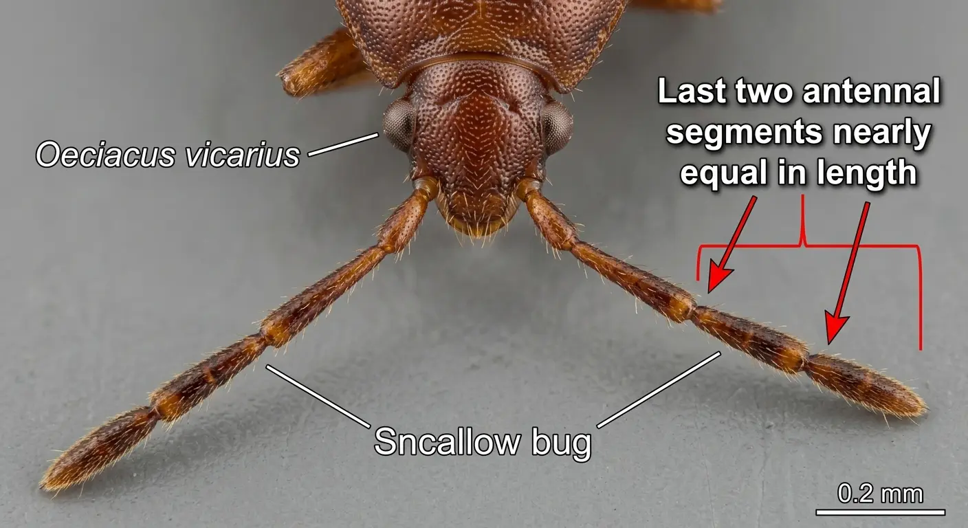 Close-up of swallow bug antennae showing equal-length last two segments for identification