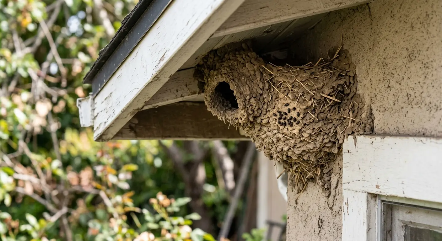 Swallow bugs on a cliff swallow nest under a house eave showing their natural habitat