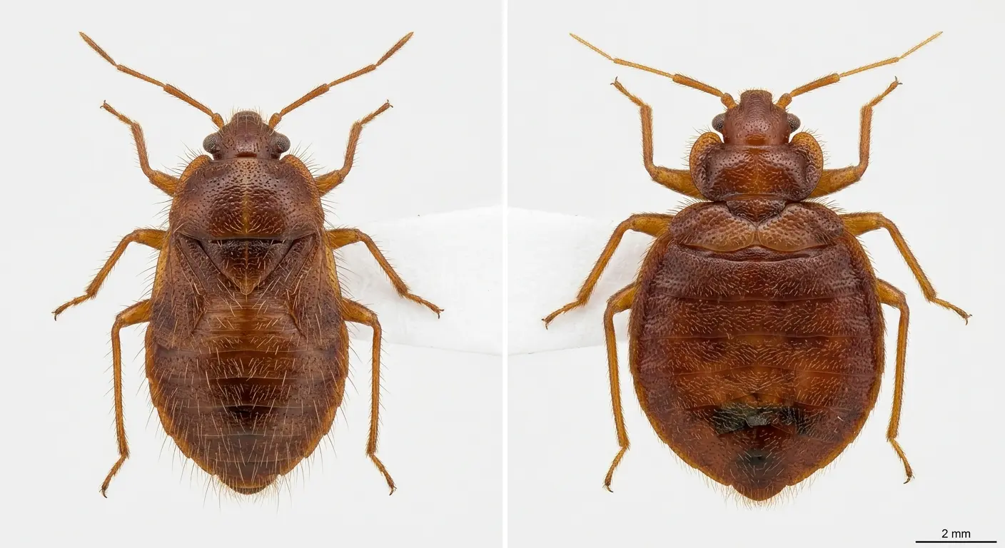 Side-by-side comparison of swallow bug vs bed bug showing size and hair differences