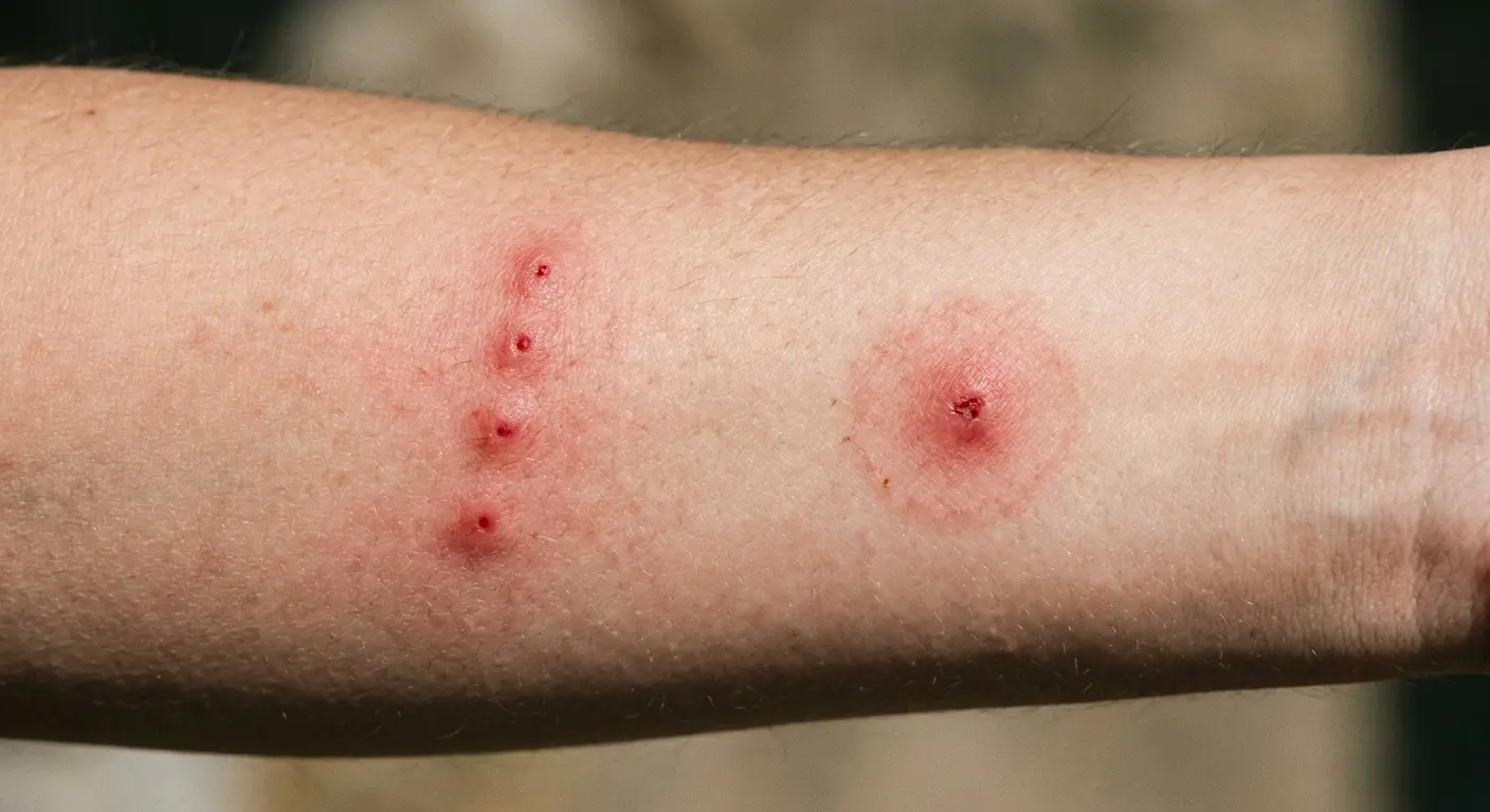 Photo comparing bed bug bite clusters vs a single tick bite on skin