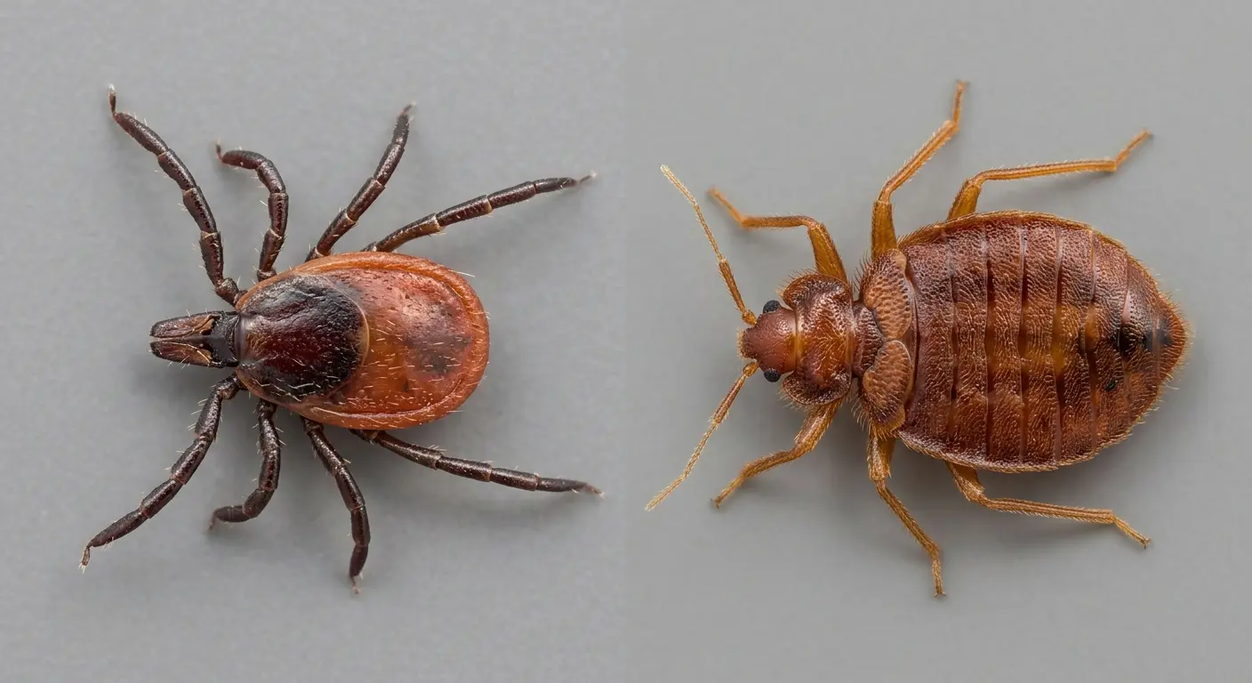 Side-by-side photo comparison of a tick vs bed bug showing leg count and body shape differences