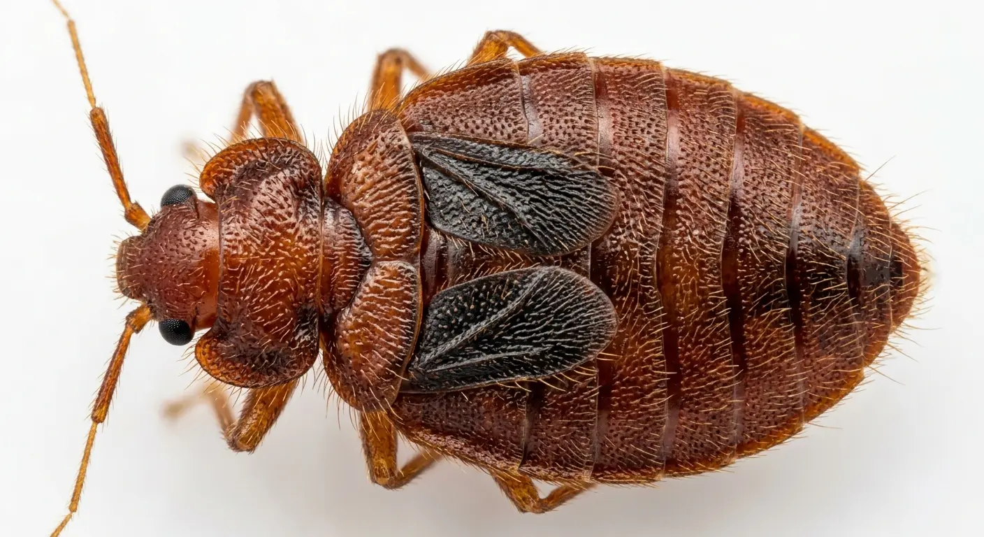 Close-up of bed bug wing pads showing non-functional hemelytral structures on an adult bed bug