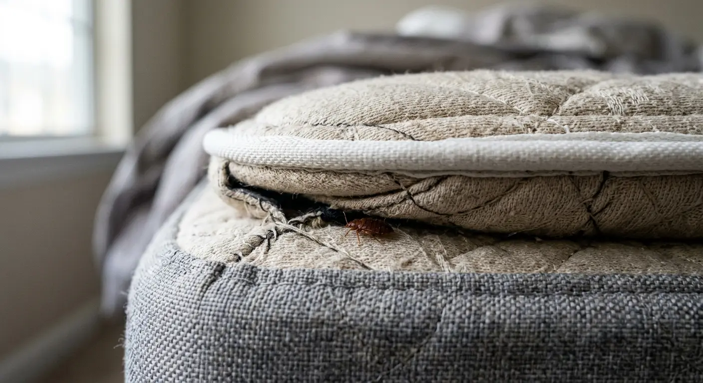 Bed bug hiding in mattress seam during the day, visible in daylight