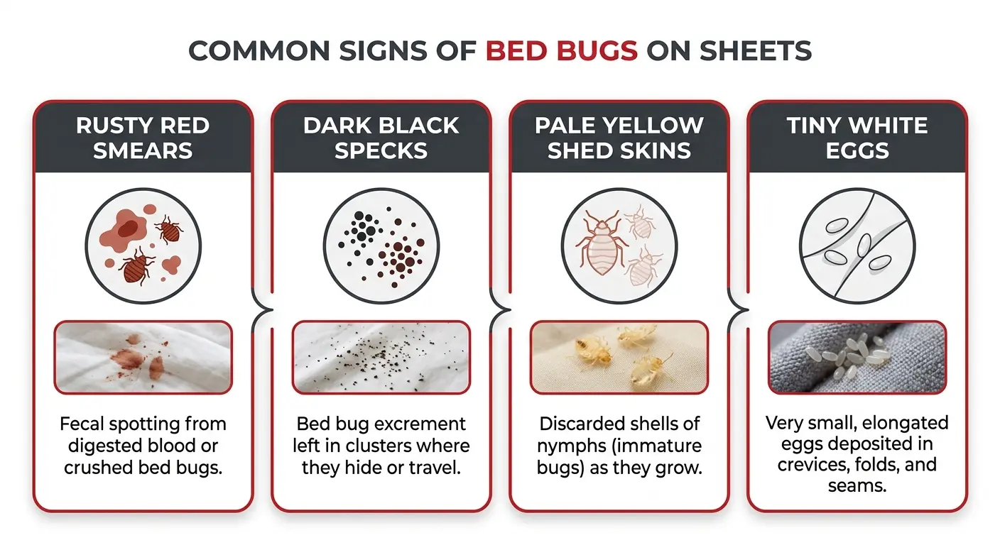 Infographic showing four signs of bed bugs on sheets: stains, specks, skins, and eggs