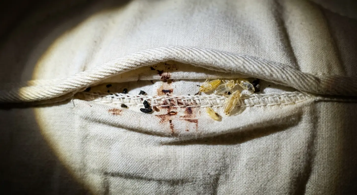 Bed bug stains and shed skins visible along mattress seam piping