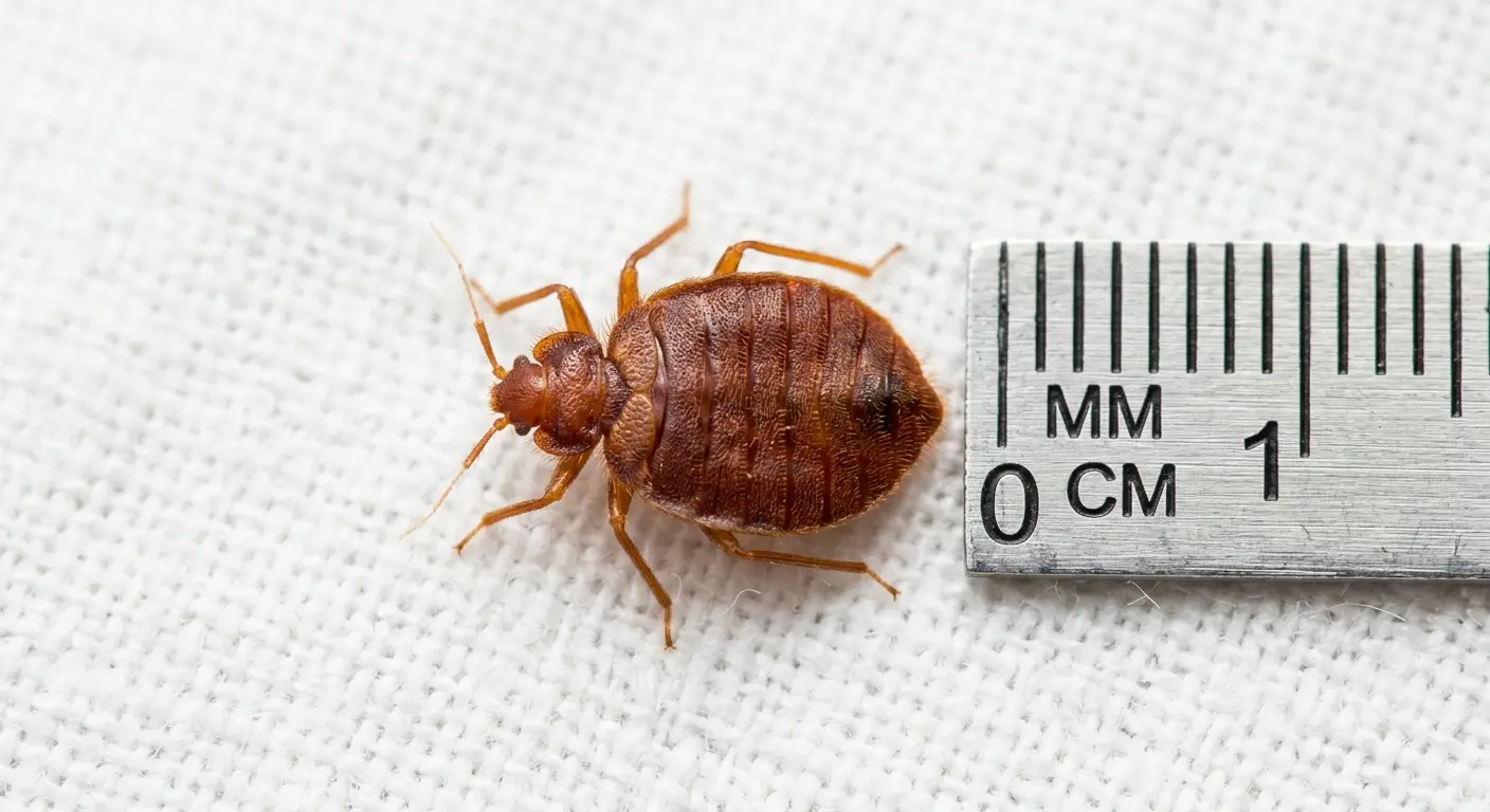 Close-up photo of a bed bug on a white bed sheet showing reddish-brown oval body