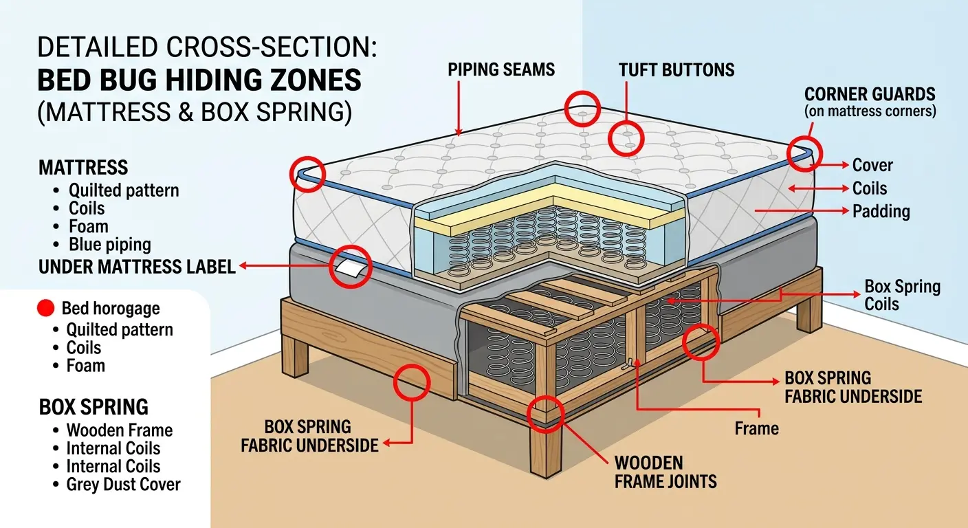Diagram showing where bed bugs hide on mattress and box spring with labeled hiding spots