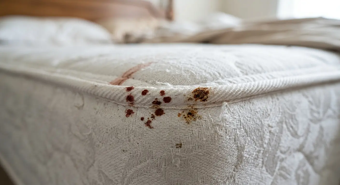 Close-up of bed bug spots on mattress showing dark fecal stains and blood smears along the seam