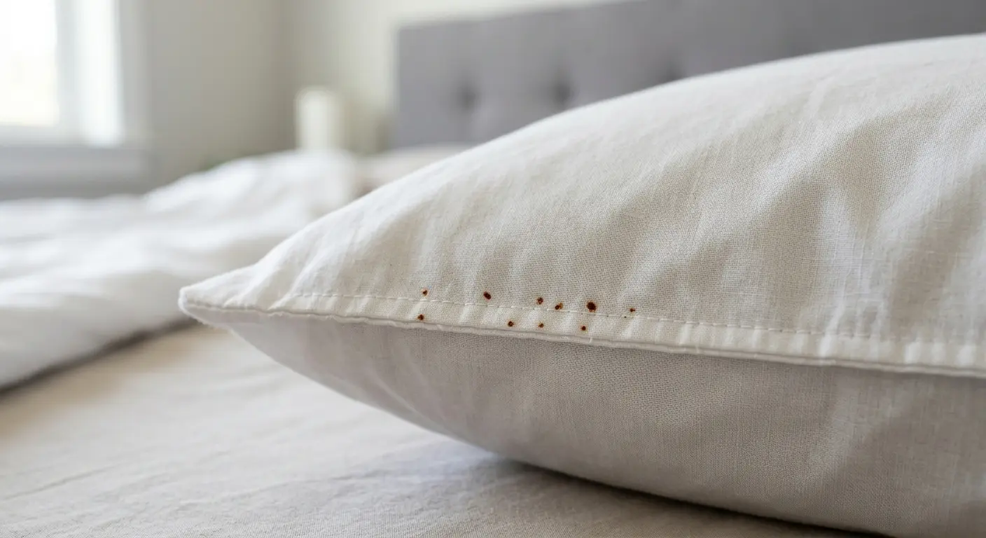 Close-up of bed bug blood stains and dark fecal spots on white pillow seams