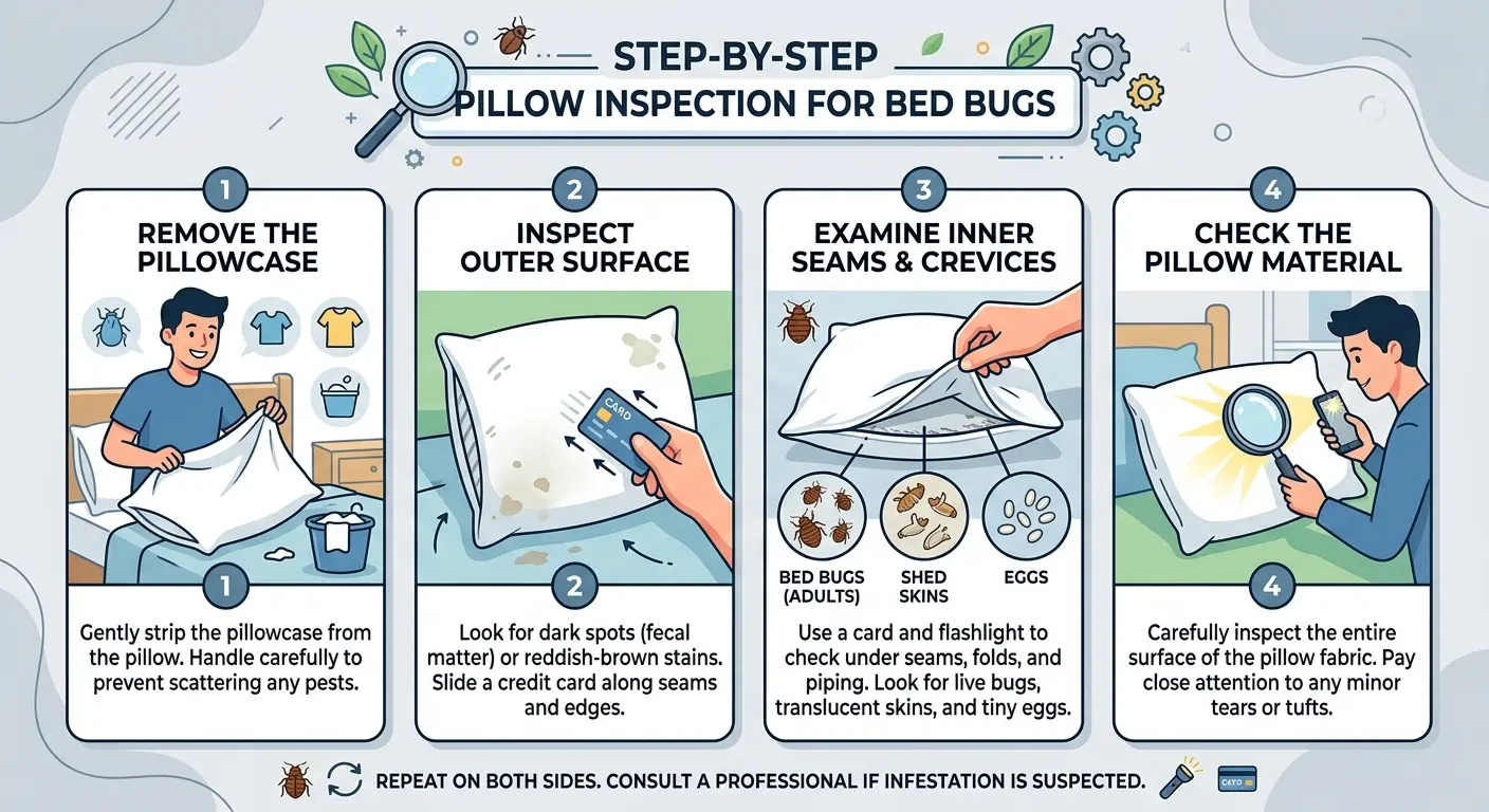 Step-by-step infographic on how to inspect a pillow for bed bugs