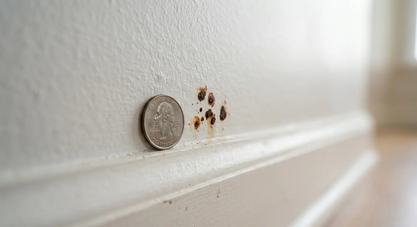 Close-up of dark rust-colored bed bug fecal spots on a white wall near baseboard