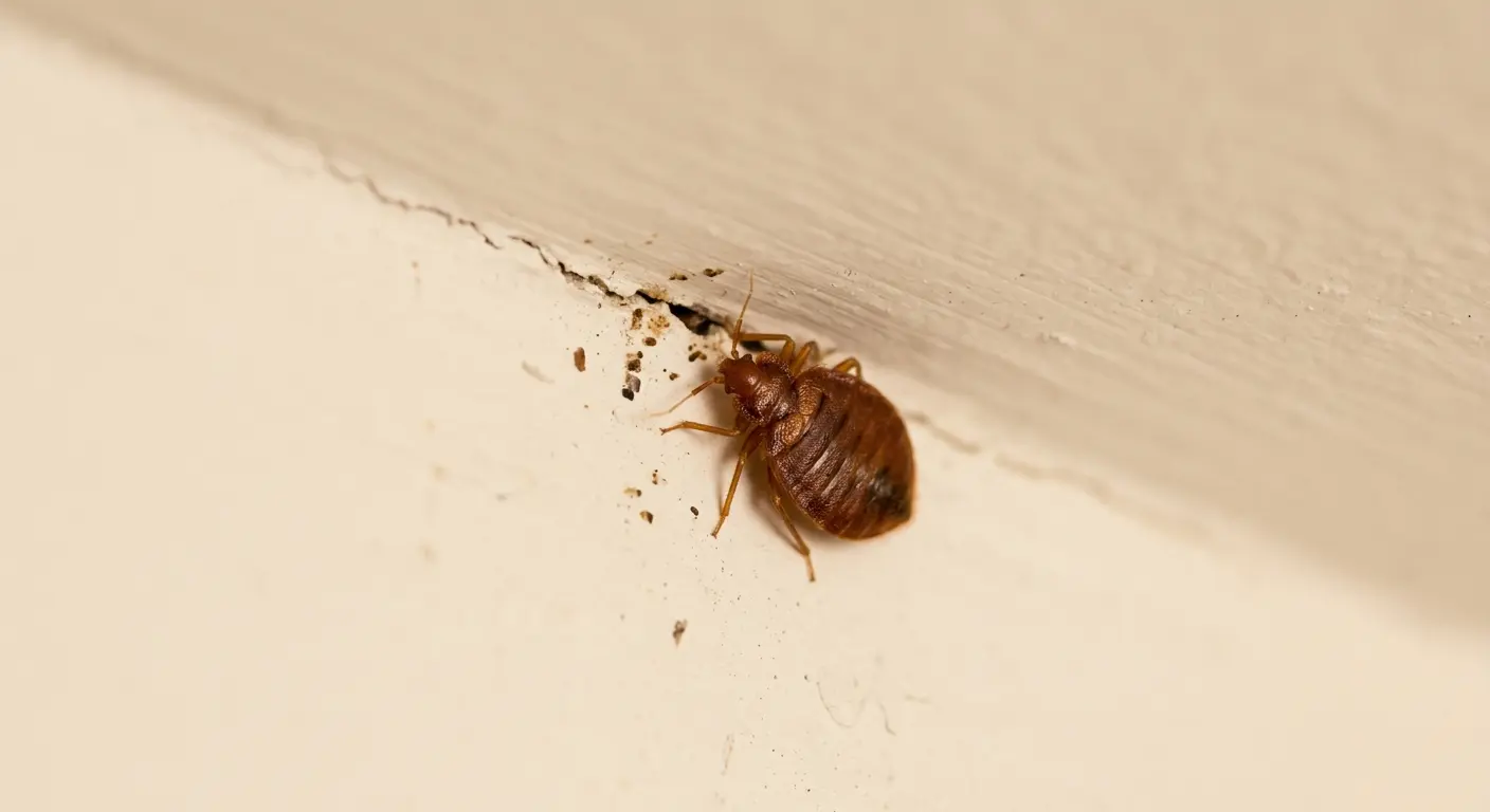 Live bed bug hiding in a wall crack at the ceiling junction during the day
