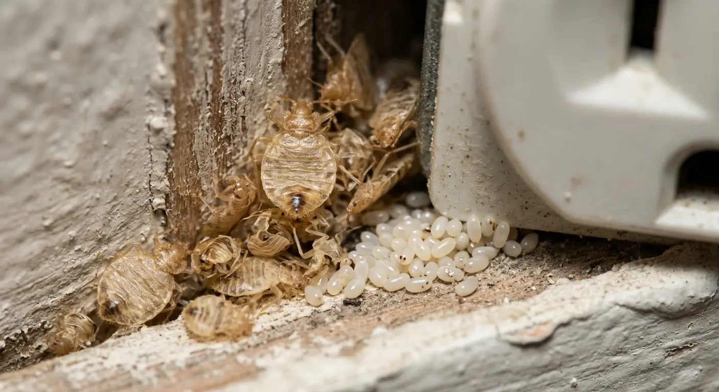 Translucent molted bed bug skins and tiny pearl-white eggs in a wall crevice