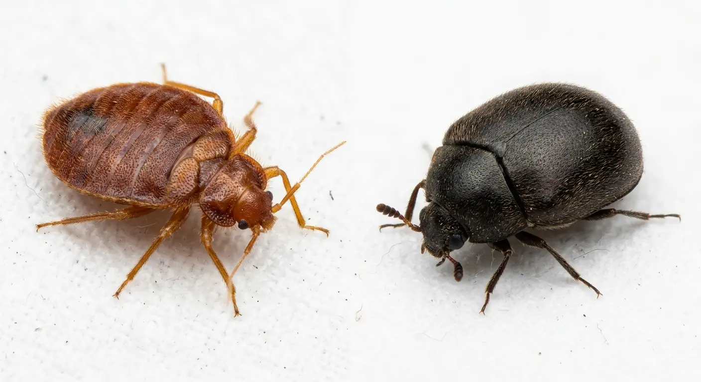 Comparison of a reddish-brown bed bug and a black carpet beetle to show bed bugs are never black
