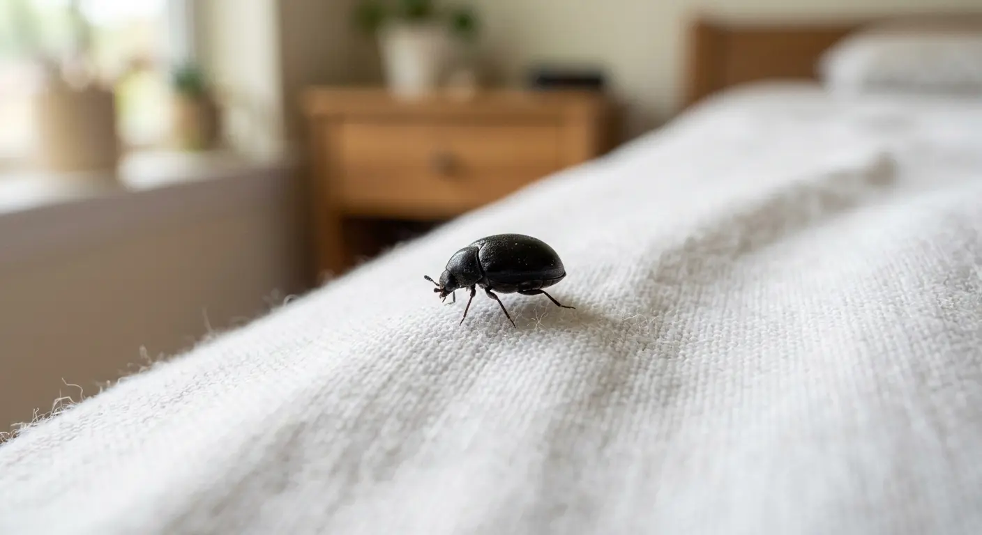 Black carpet beetle on a bed sheet, a common lookalike mistaken for black bed bugs